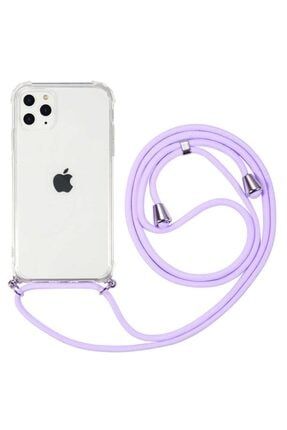 Apple Iphone 11 Pro Max Kılıf Boyna Askılı Ayarlanabilir Şeffaf Silikon Mor krks16279974212