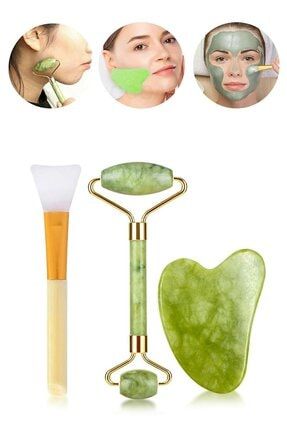 3'lü Cilt Bakım Seti Yeşim Taşı Jade Roller Kalp Guasha Gua Sha Masaj Taşı + Maske Fırçası Qniay-CiltBakımsetler90
