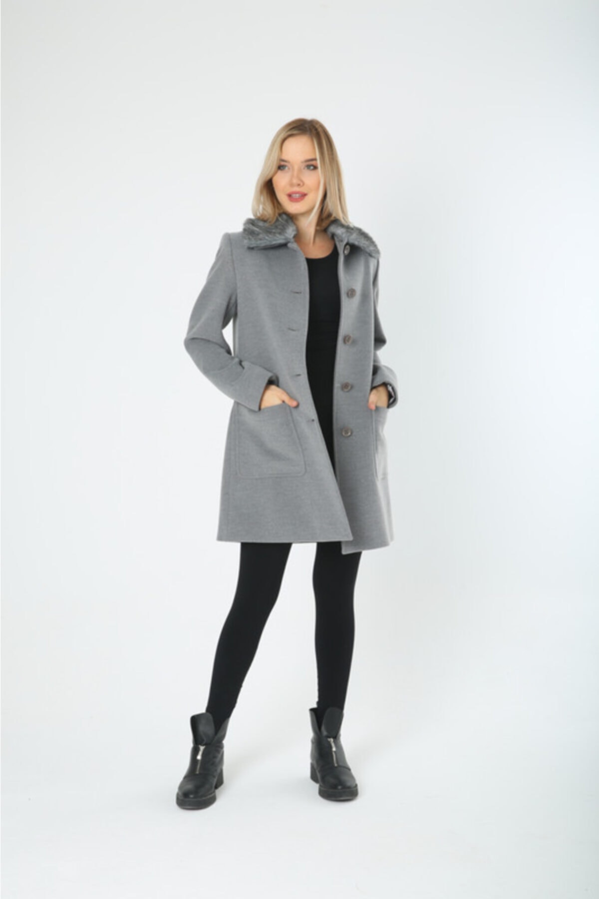 Lalezar  Kadın Gri Suni Kürklü Düğme Kapama Kaban - Görsel 2