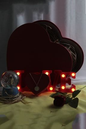 Kalp Kutu Dolusu Kar Küresi Love Işık Kolye Gül Rafya Hediye Sevgiliye Set MC-1139