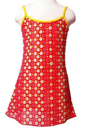 Kız Çocuk Kırmızı Çiçek Desenli Askılı Biye Detaylı Tül Deniz Elbisesi 167-33 ÇAK167-33