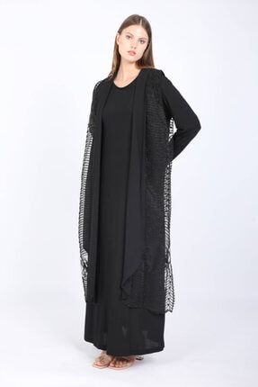 Kadın Büyük Beden Uzun Yelekli Elbise Takım Siyah C11717