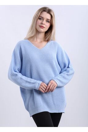 Kadın Mavi Oversize Salaş V Yaka Triko Kazak DVKA-0189