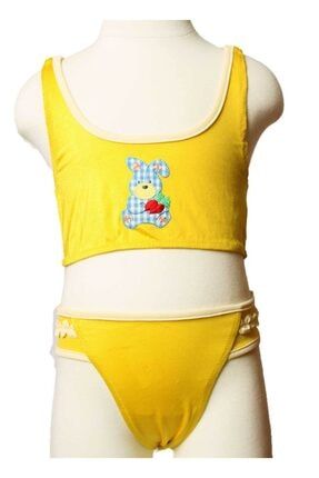 Ayl Kız Çocuk Sarı Bustiyer Model Armalı Alt Bikini Fırfır Detaylı Alt Üst Düz Bikini Takım 94 ÇBD94