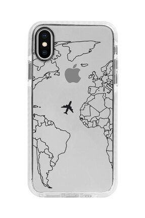 Iphone X Beyaz Kenarlı Anti Shock Çizgisel Dünya Haritası Desenli Telefon Kılıfı IPXANTI-169