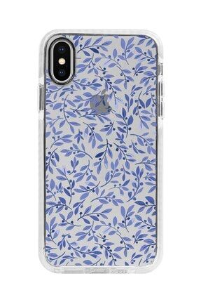 Iphone X Beyaz Kenarlı Anti Shock Mavi Yapraklar Desenli Telefon Kılıfı IPXANTI-242