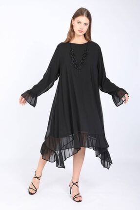 Kadın Büyük Beden Fırfırlı Kolyeli Elbise Siyah C11720