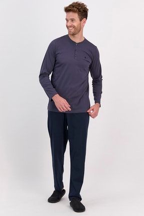 Erkek Uzun Kol Düz Renk Düğmeli Pijama Takımı AR-1614