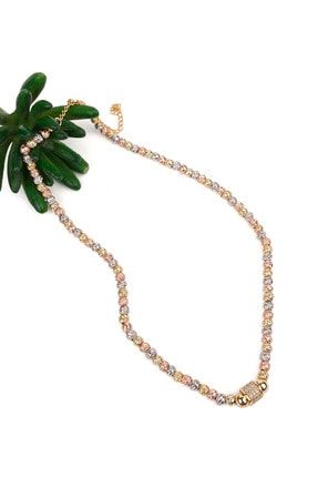Kadın Altın Gümüş Rose Renkli Minimal Halka Tasarımlı Dorika Taşlı Kolye altın MRJ02002154A