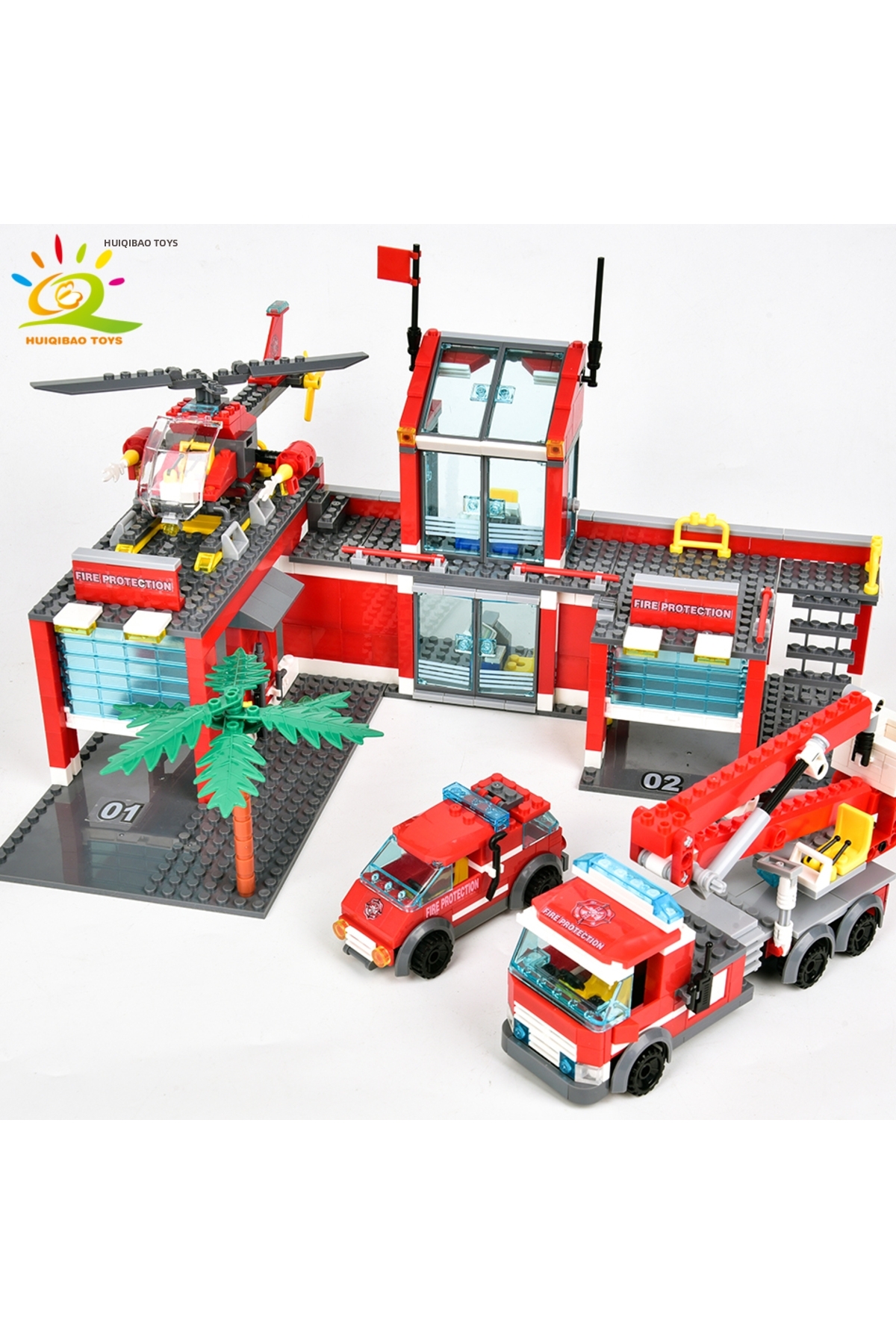 بدون جعبه HUIQIBAO ۷۵۶ تکه بلوک‌های ساختمانی مدل ایستگاه آتش‌نشانی، کامیون، هلیکوپتر، آتش‌نشان، شهر E