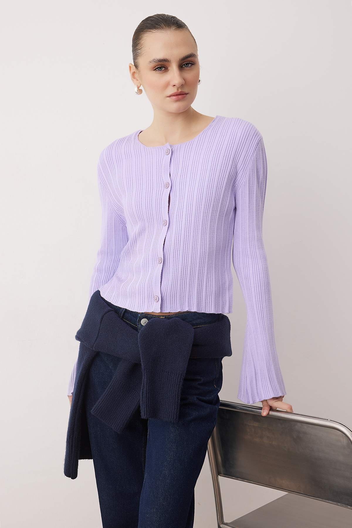 Trendyolmilla  Wardrobe Essentials Lila İspanyol Kol Triko Hırka TWOAW26HI00268 - Görsel 6