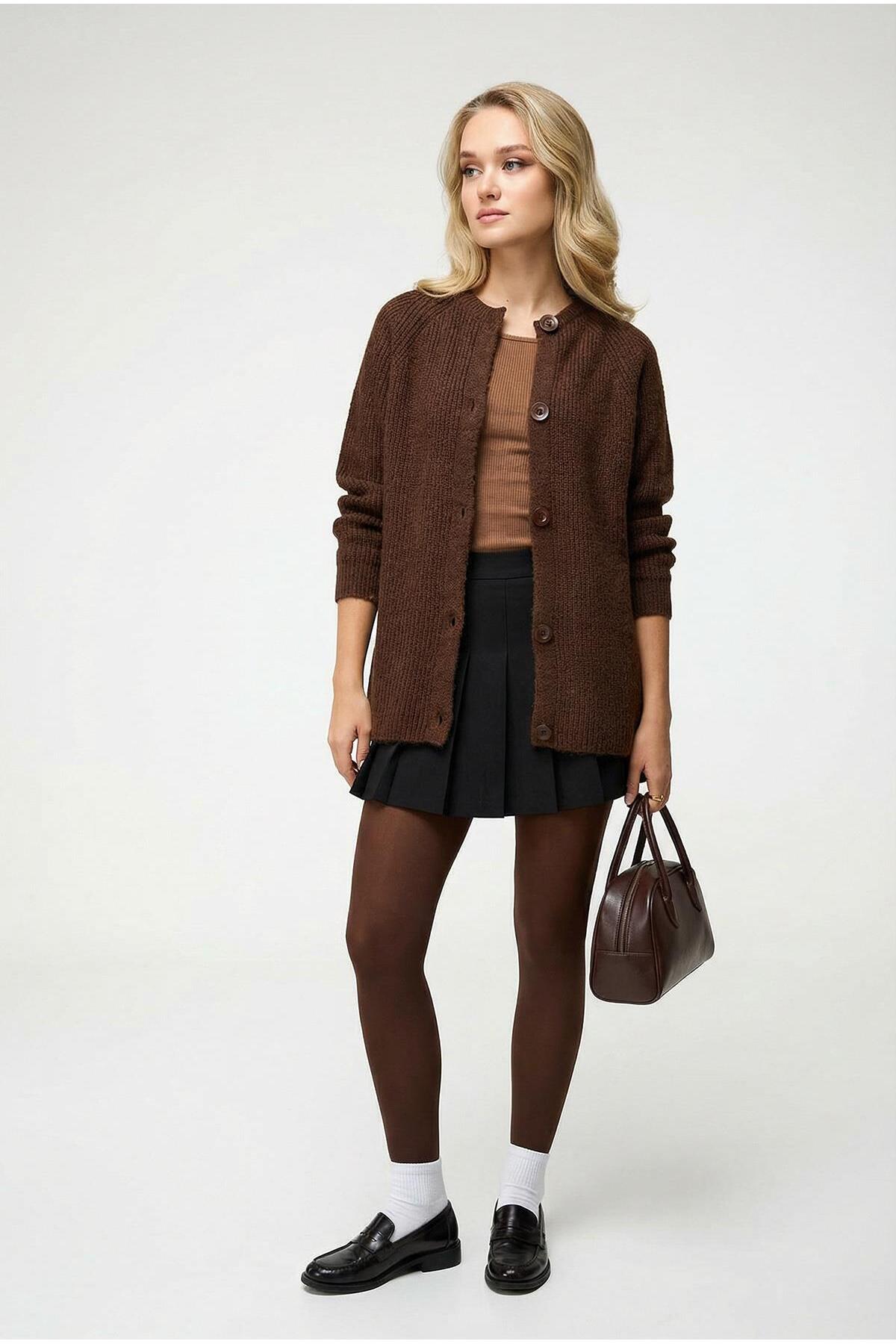 Trendiz  Kadın Yün Karışımlı Düğmeli Triko Hırka Kahverengi