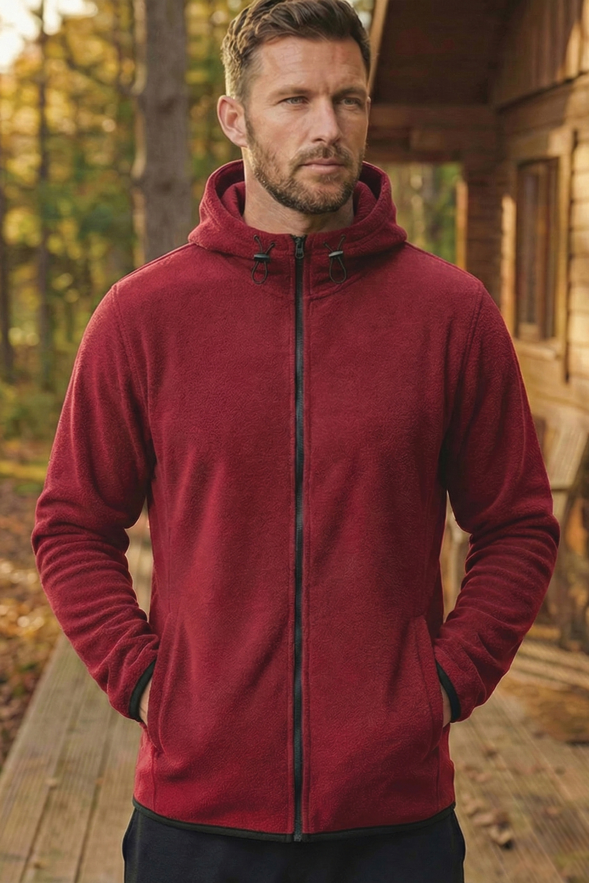 GHASSY CO Erkek Bordo Kapüşonlu Polar Ceket görsel 3