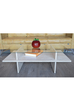 Mimore Modern Temperli Cam Üstlü Raflı Orta Sehpa - Traverten Görünümlü Mdf