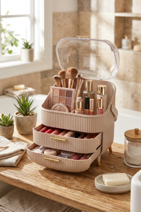MAKRİ HOME Cappuccino Renk Kapaklı Makyaj Organizeri–3 Katlı, Şeffaf Kubbeli,...