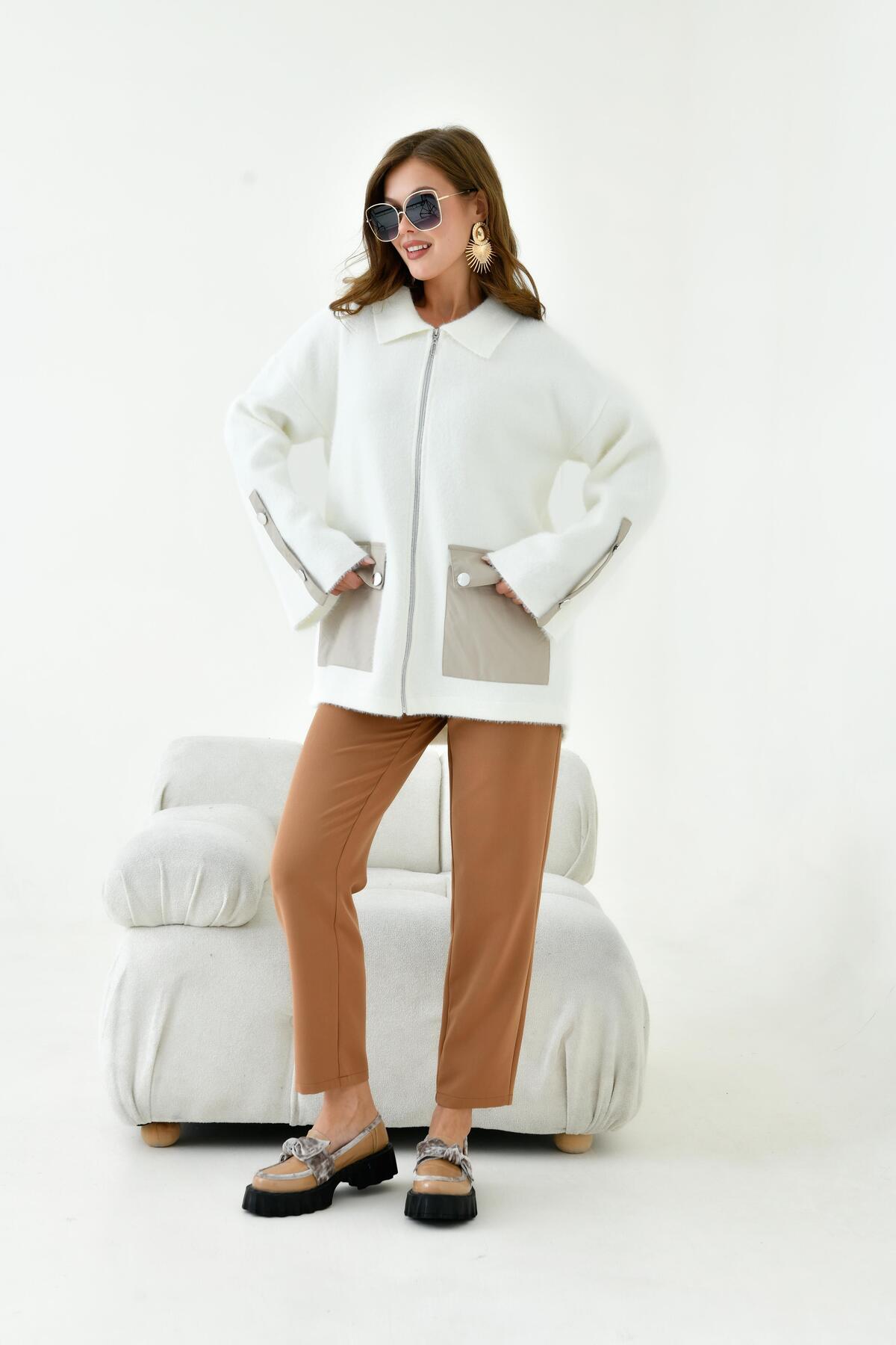 FTZ WOMEN  Kadın Deri Ve Düğme Detaylı Ceket Ekru 20758 - Görsel 5