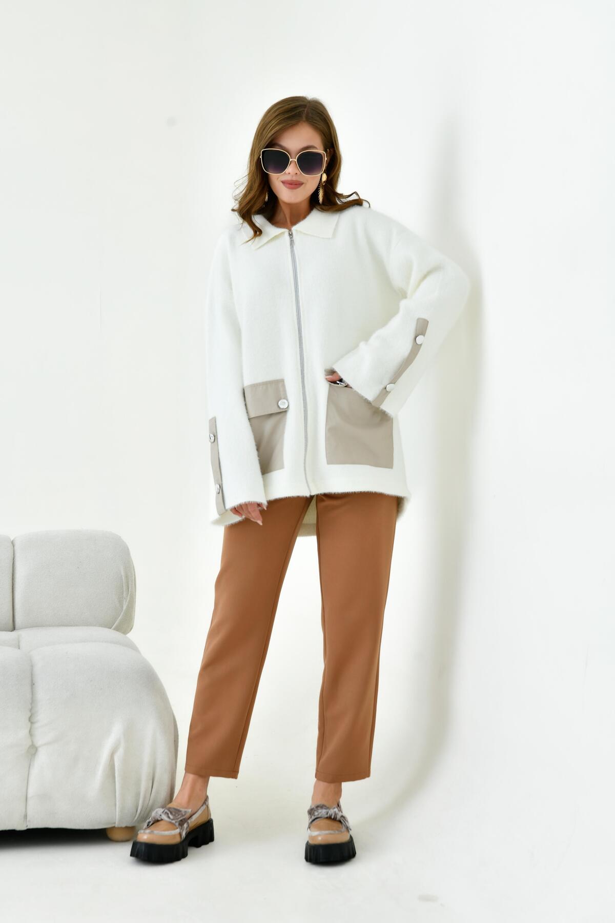 FTZ WOMEN  Kadın Deri Ve Düğme Detaylı Ceket Ekru 20758 - Görsel 6