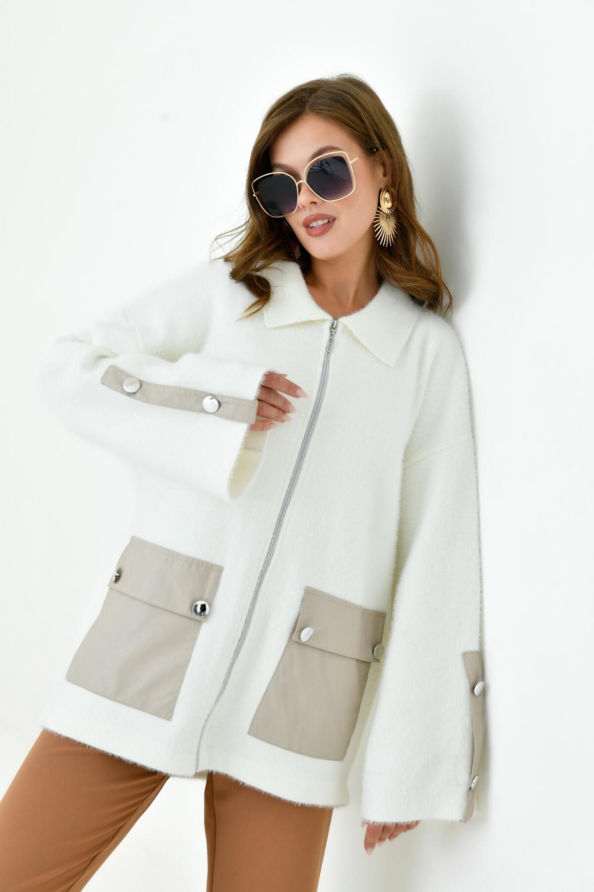 FTZ WOMEN  Kadın Deri Ve Düğme Detaylı Ceket Ekru 20758