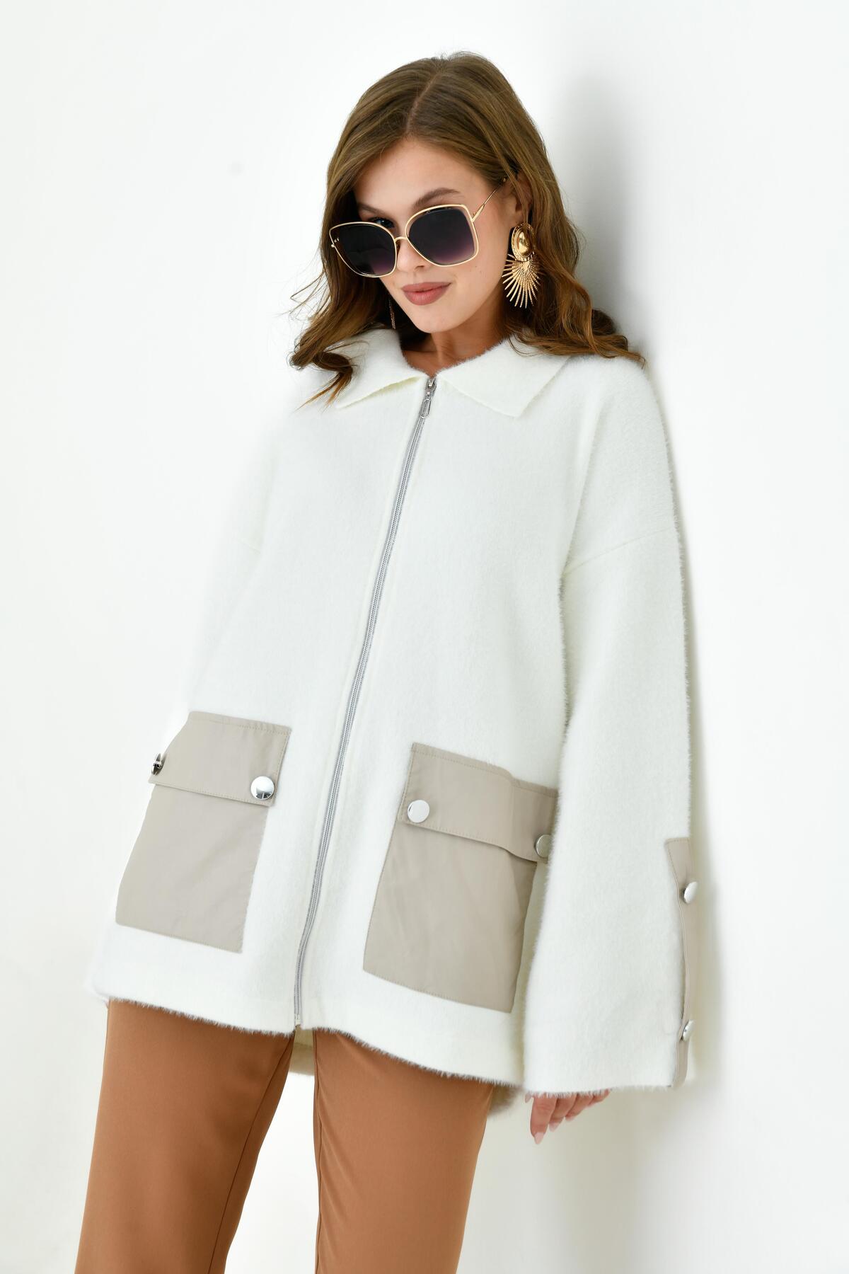 FTZ WOMEN  Kadın Deri Ve Düğme Detaylı Ceket Ekru 20758 - Görsel 3