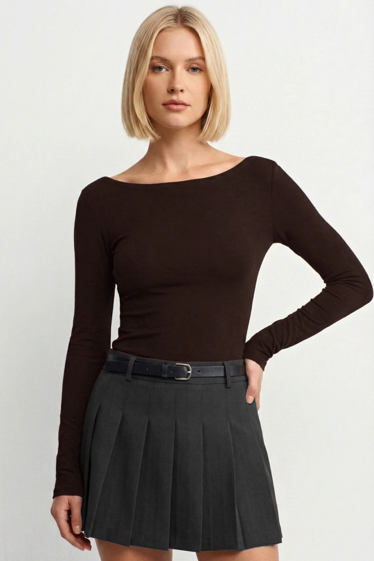 VODENS  Kahverengi Kayık Yaka Uzun Kol Top %100 Pamuk - Görsel 2