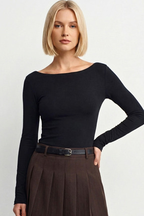 VODENS Kadın Siyah Kayık Yaka Uzun Kol Top %100 Pamuk