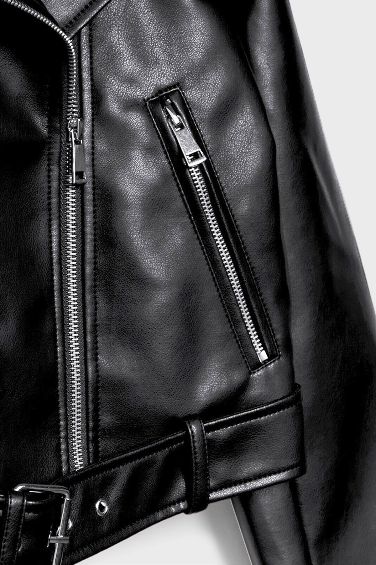 Stradivarius  Kemerli suni deri biker ceket - Görsel 8