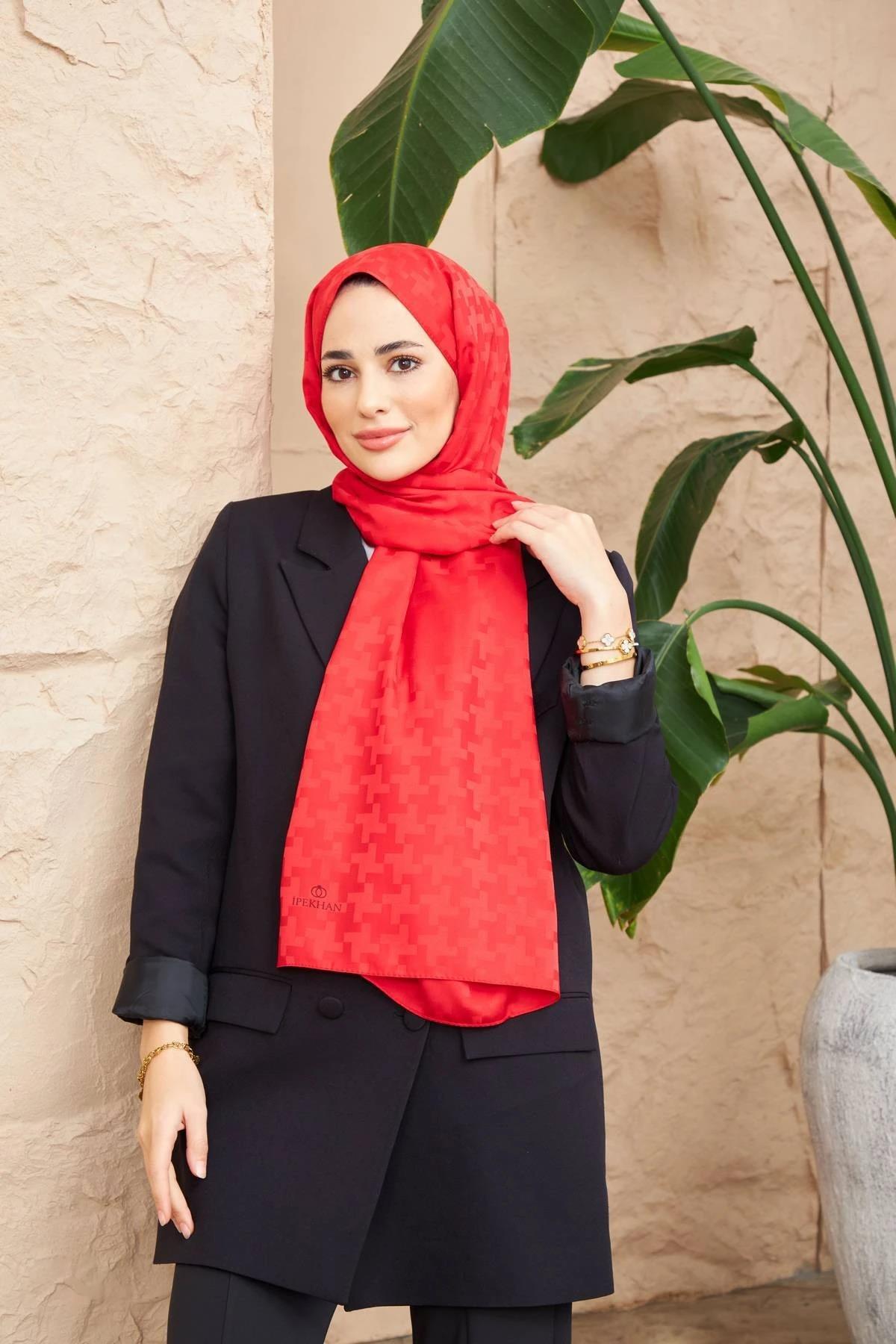 Cross Pattern Silky Jacquard Shawl Red9006-03