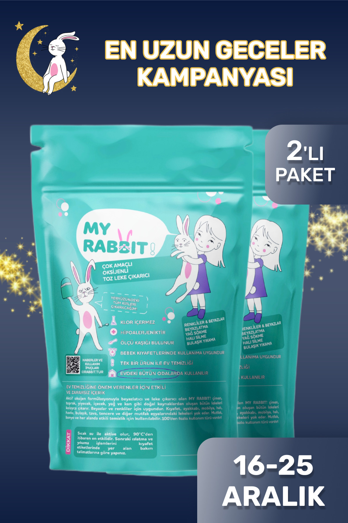 My Rabbit! Çamaşır Ve Yüzey Için Çok Amaçlı Oksijenli Toz Leke Çıkarıcı ve beyazlatıcı 2'li Paket 2 X 800 gr