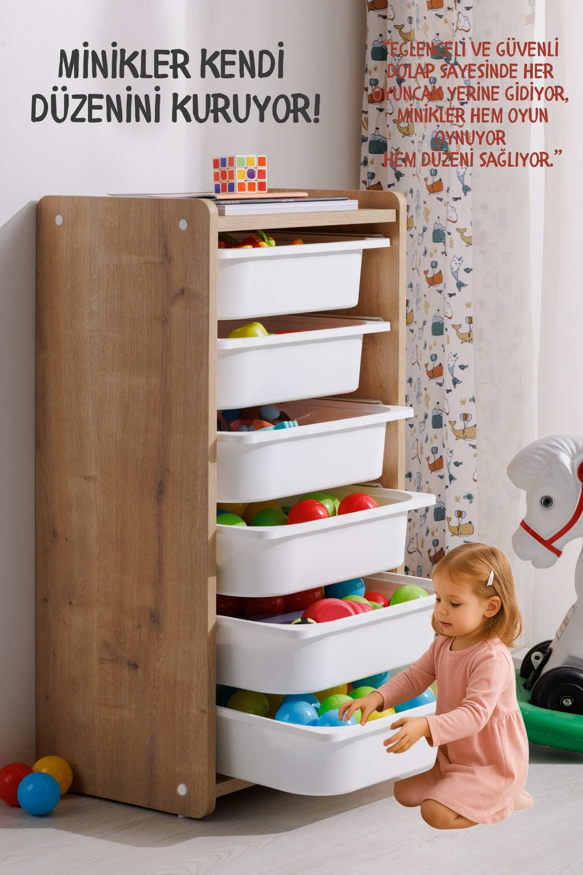 کمد اسباب بازی - سازماندهنده نگهداری - جعبه اسباب بازی - 6 طبقه - چوبی - لبه گرد - 45x88 سانتیمتر