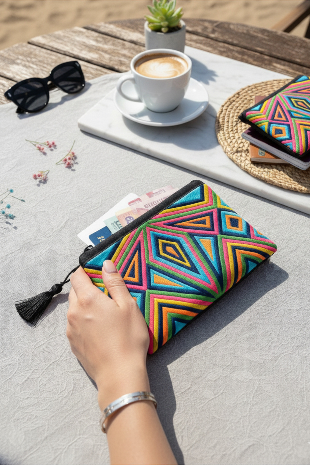 FANTASTIC  El Yapımı Renkli Otantik Tribal Desenli Mini Çanta Bozuk Para Anahtar Kartlık Cüzdan (14.5x10 cm) - Görsel 5