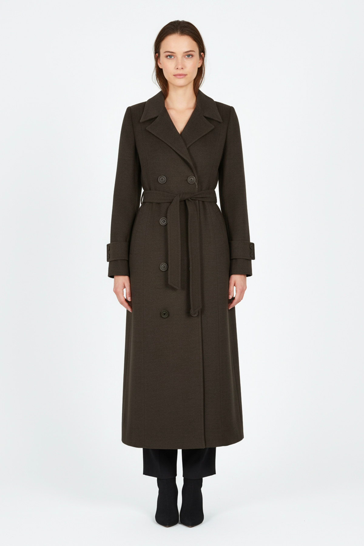 Soydan Güner  Kruvaze Kuşaklı Dökümlü Uzun Kaban Kahve 6630 - Görsel 2