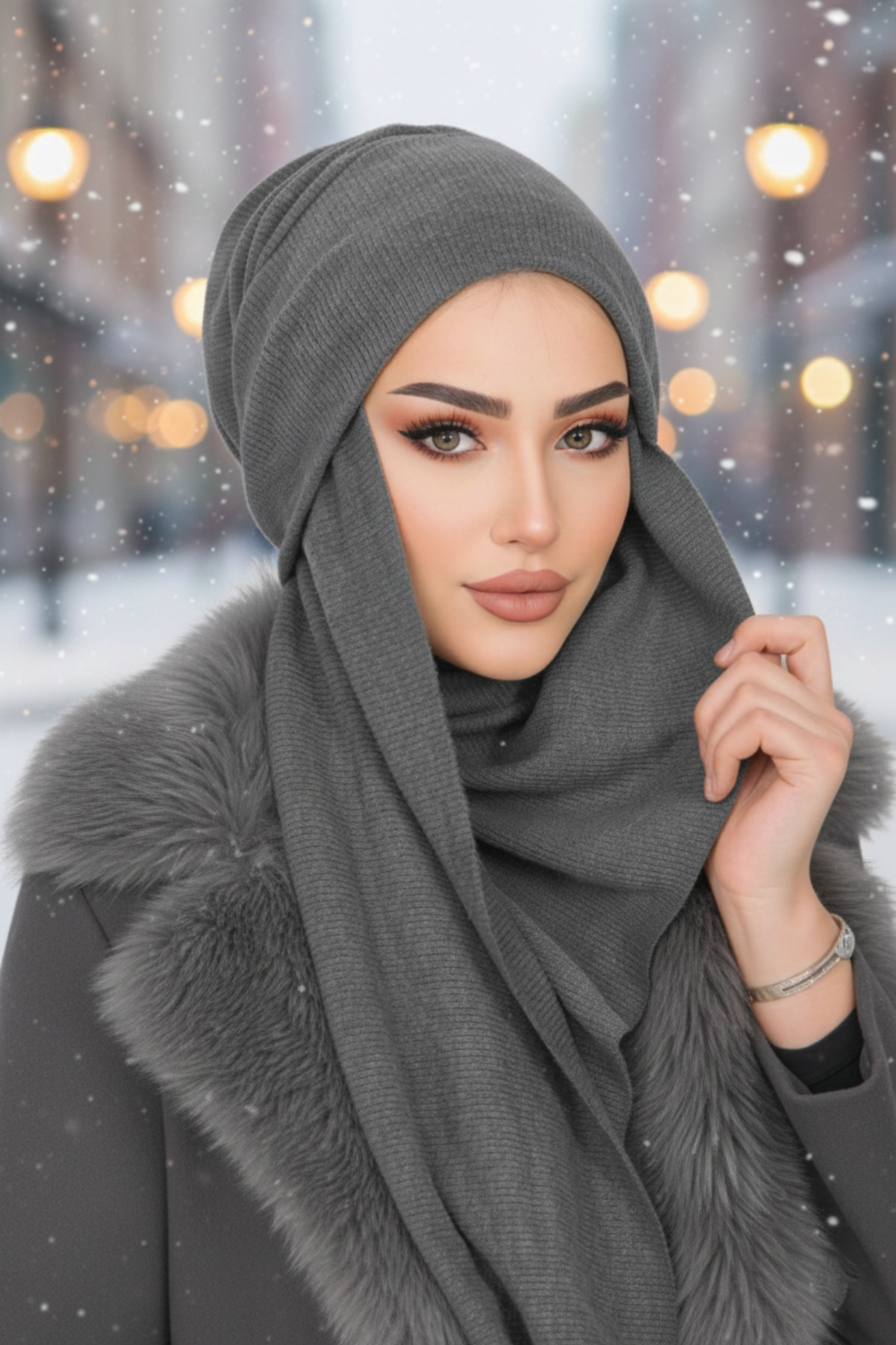 Aişe tesettür Füme Triko Kelebek Bone Şal