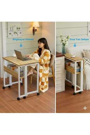 AYZ Sidni Kitaplık Raflı Katlanır Çalışma Masası Tekerli Laptp Masası Beyaz-Çam