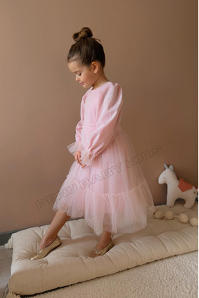 penu baby kids Pembe Üstü Pırıltılı Kumaş Fırfırlı Uzun Etekli Uzun Kollu Kız...