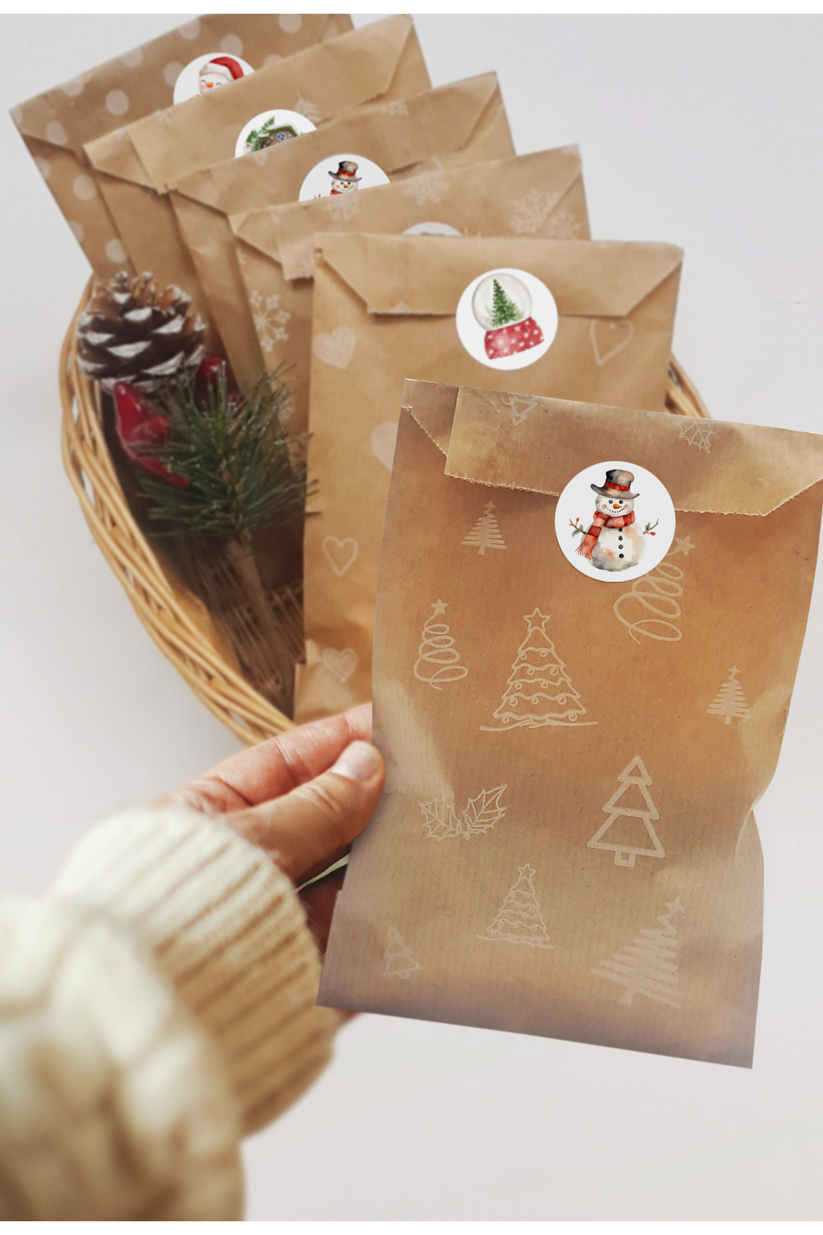 Bimotif 20 adet karışık (Kar, Kalp, Çam vb.) kese kağıdı, hediye paketi (11x20 cm ) ve Sticker seti