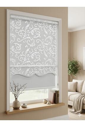 StorBurada Çift Mekanizmalı Şal Desen Beyaz Tül & Ekru Stor Perde STB45251-V01