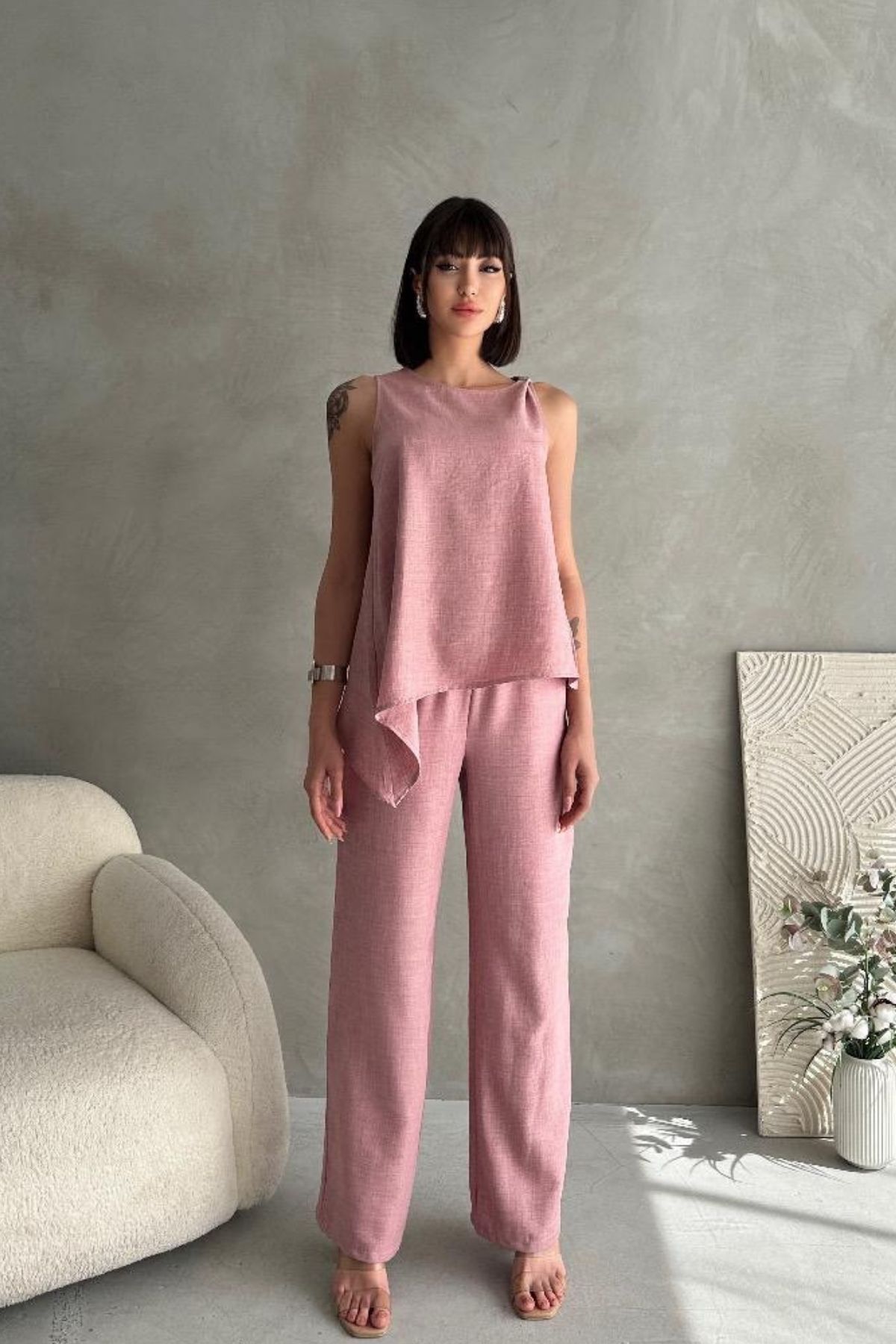 Women's Buckle Detailed Skirt Asymmetrical Blouse Elastic Waist Pocket Palazzo Trousers Linen 2-Piece Set