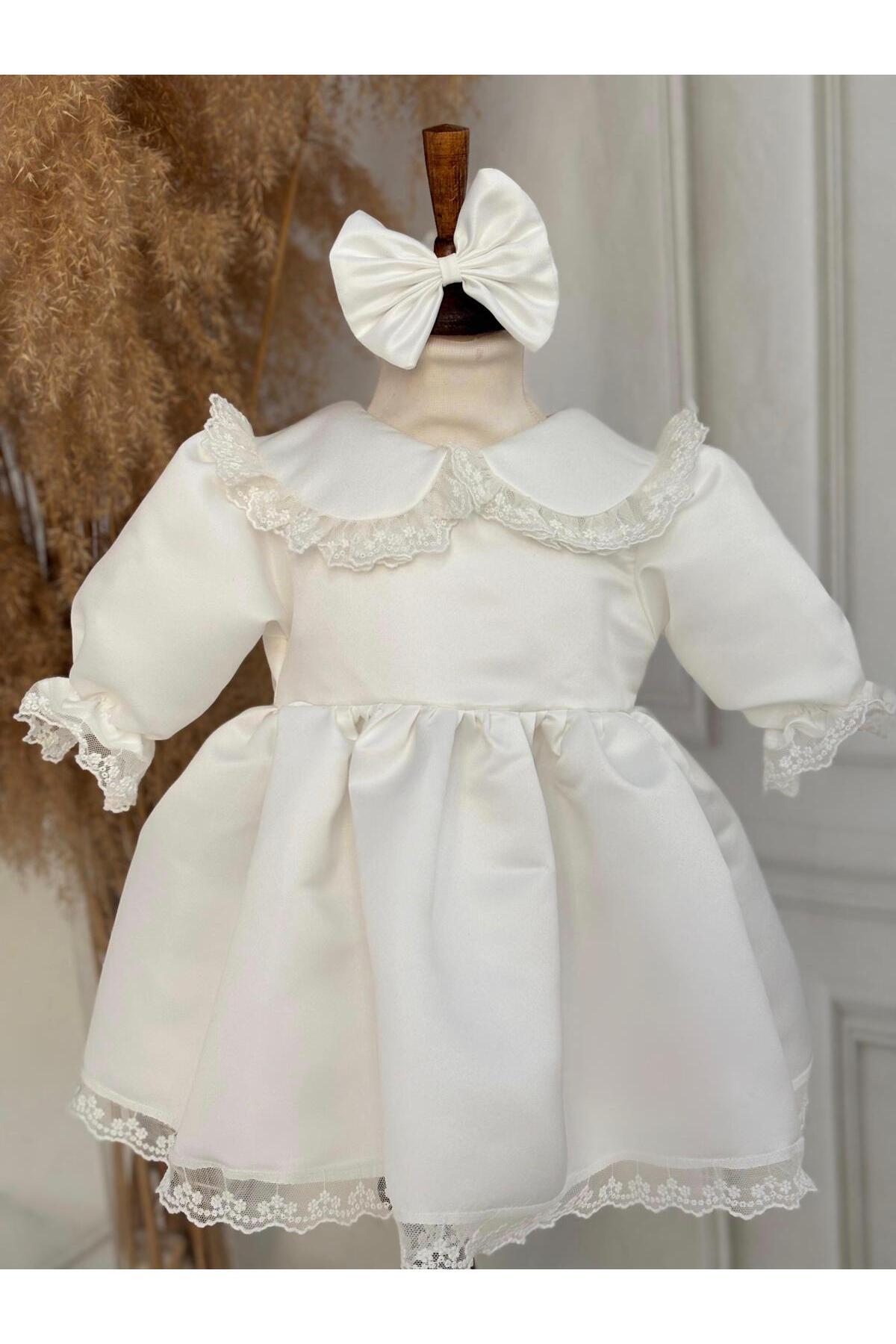 Hobidik Bebe Yaka Kırık Beyaz Güpür Dantel Saten Elbise Set fotoğrafı 3 (önizleme)