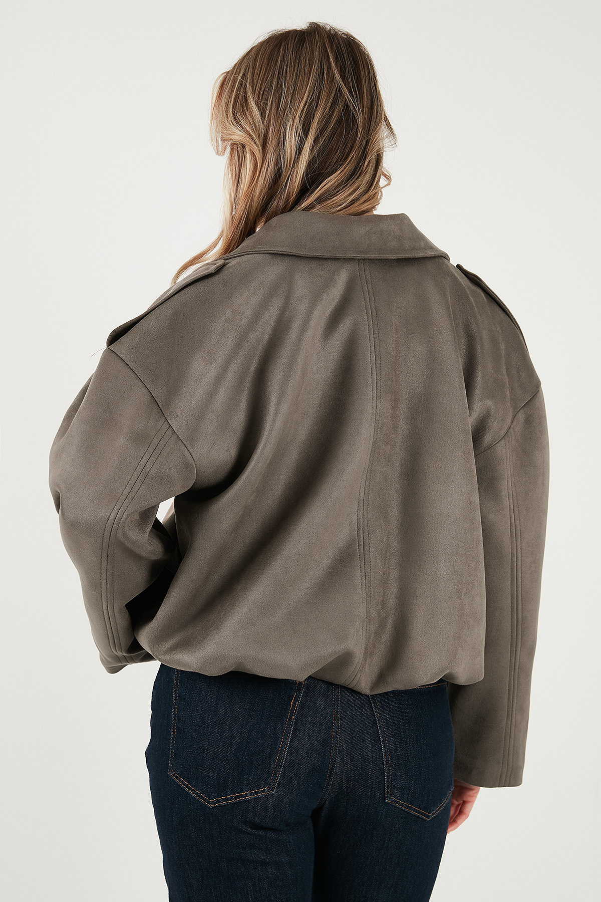 Lela  Oversize Fit Klasik Yaka Süet Dokulu Bomber Ceket Mont MONT 6524932 - Görsel 8