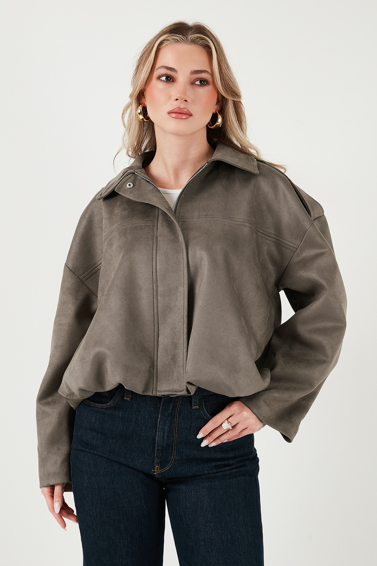 Lela  Oversize Fit Klasik Yaka Süet Dokulu Bomber Ceket Mont MONT 6524932 - Görsel 7