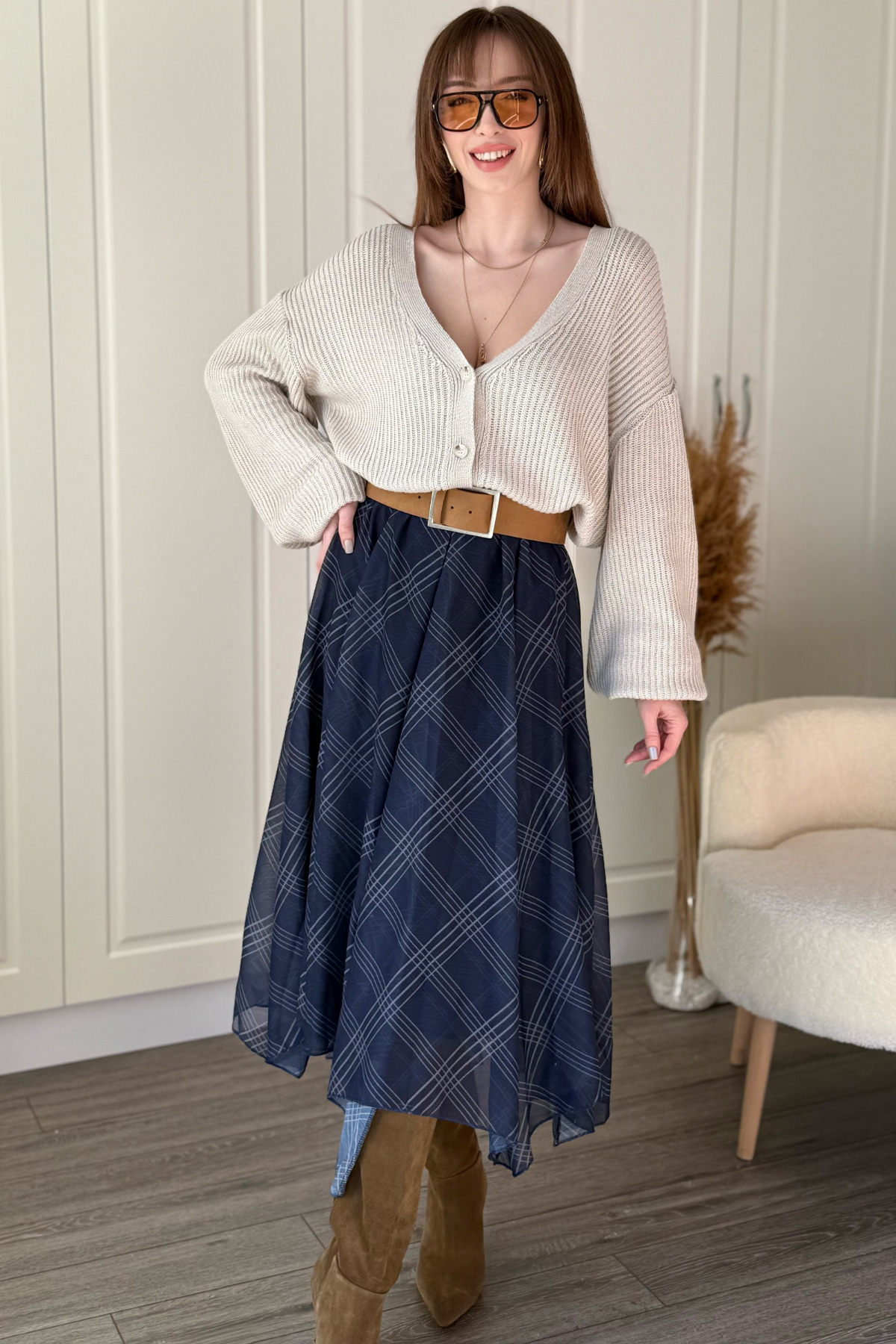 Plaid Asymmetric Chiffon Elegant Midi Navy Blue Skirt