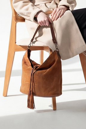 Marjin Kadın Hakiki Deri Püsküllü El ve Omuz Çantası Olven Taba Süet