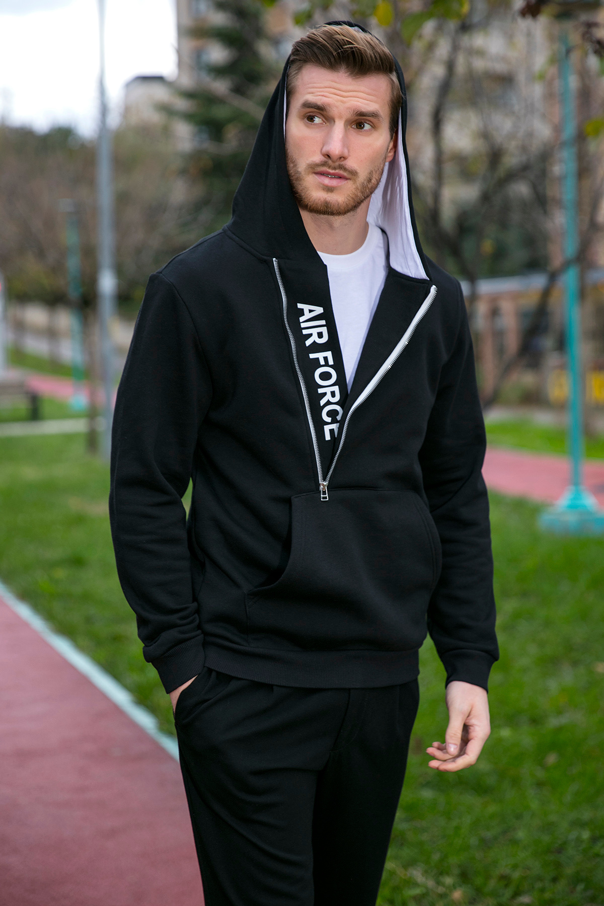 Kangaroo Zippered Hooded Collar Slim Fit Sweatshirt Men's SWEATSHIRT 575707