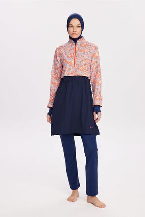 Haşema Esila Mavi Kırmızı Çiçek Desenli 5 Parça Tam Tesettür Mayo Takımı 2934