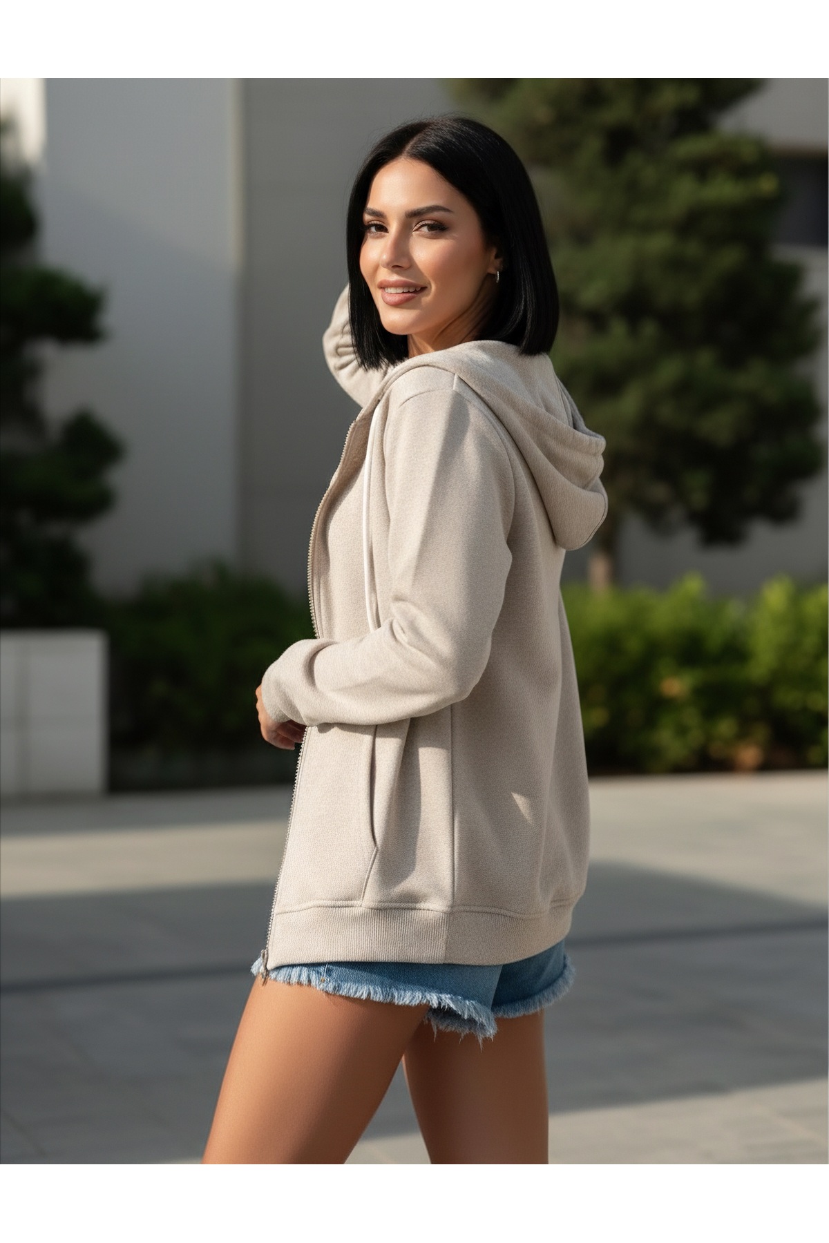 Miyalon Fermuarlı kapşonlu unisex sweatshirt krem - Fiyatı, Yorumları