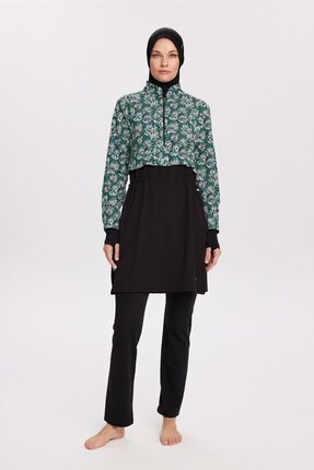 Haşema Esila Yeşil Çiçek Desenli 5 Parça Tam Tesettür Mayo Takımı 2934