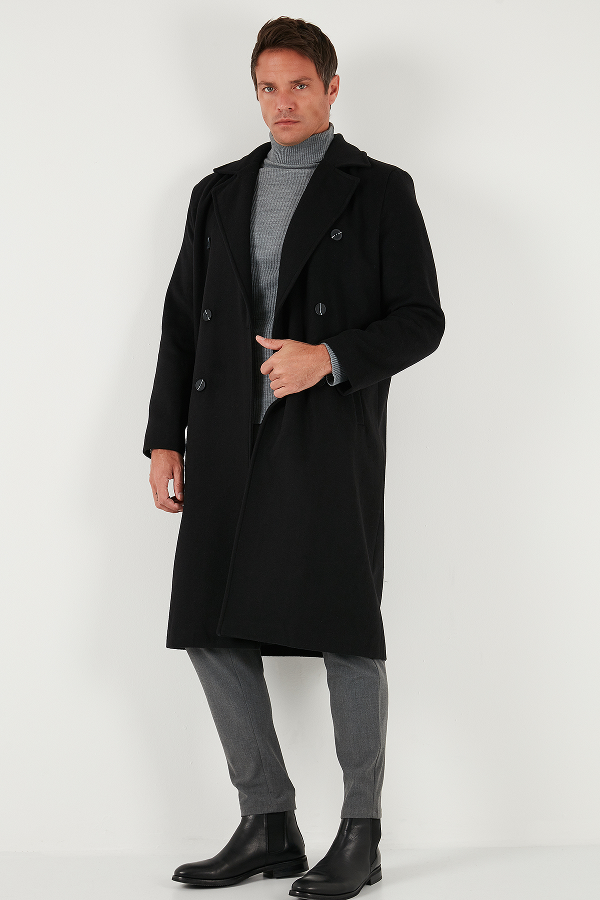 Buratti  Loose Fit Kruvaze Yaka Uzun Astarlı Kaşe Kaban Erkek KABAN 681003 - Görsel 6