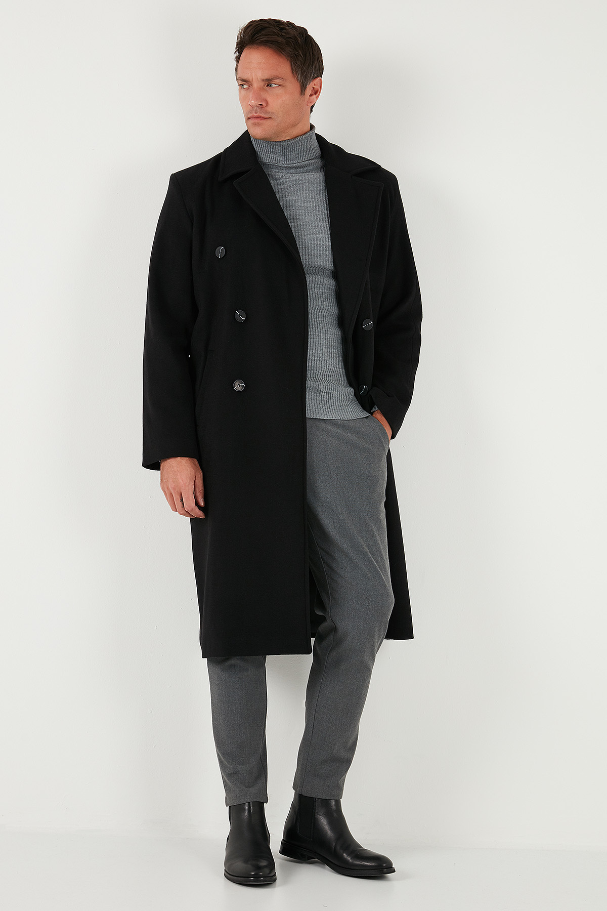 Buratti  Loose Fit Kruvaze Yaka Uzun Astarlı Kaşe Kaban Erkek KABAN 681003 - Görsel 4