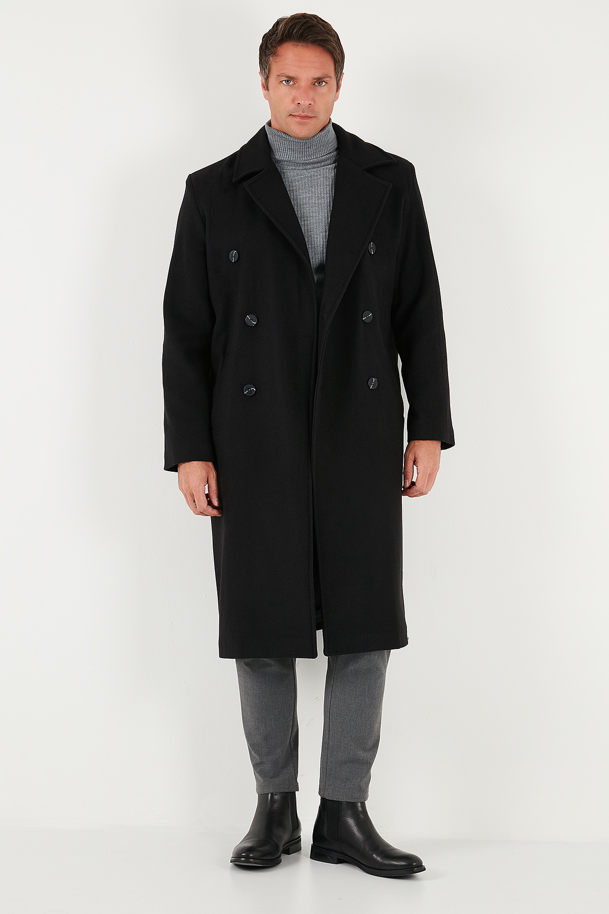 Buratti  Loose Fit Kruvaze Yaka Uzun Astarlı Kaşe Kaban Erkek KABAN 681003 - Görsel 3