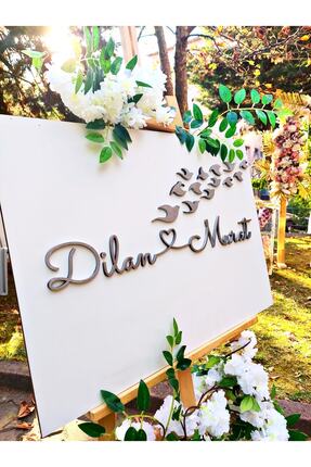 Seyyar Atölye Kişiye Özel Beyaz Zemin Gümüş Yazı Uçan Kuş Dekorlu Ahşap Mdf K...